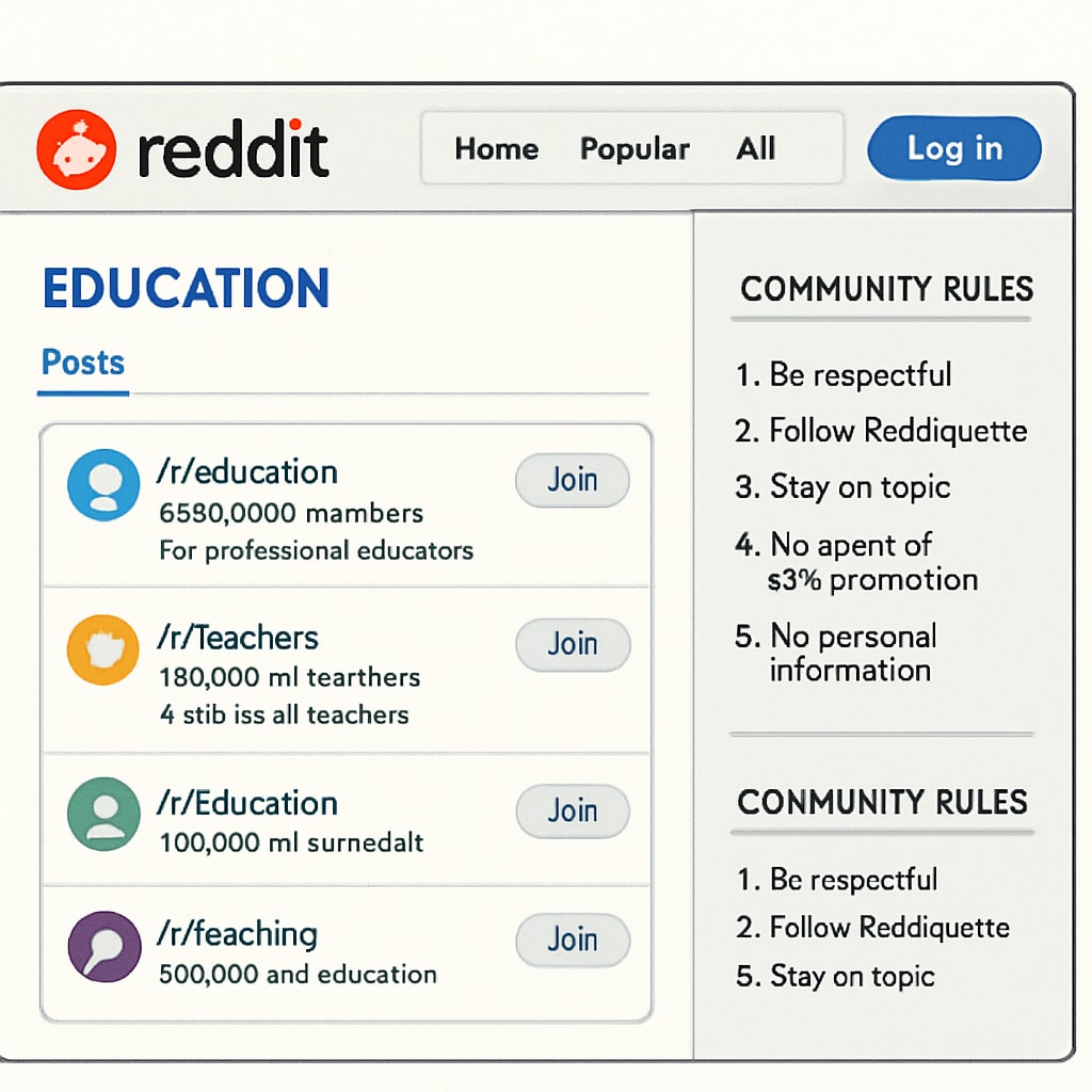 A screenshot of Reddit's homepage featuring education-related subreddits and visible community rules. Screenshot of Reddit's homepage with education subreddits and community rules.