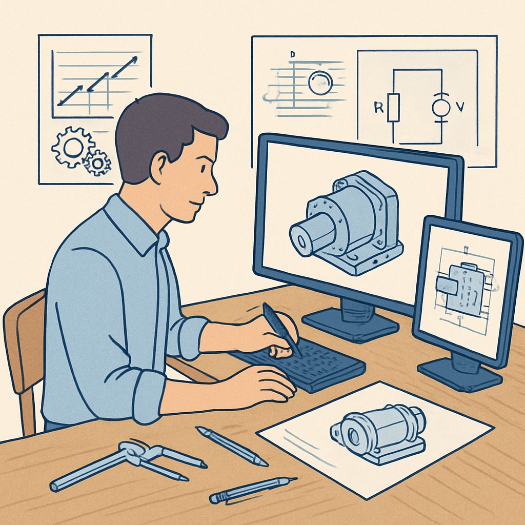 A professional design engineer working on a 3D CAD model, illustrating career outcomes of these degrees. Design engineer at work on a 3D CAD model, showcasing career prospects for MEng and BSc+MSc graduates.