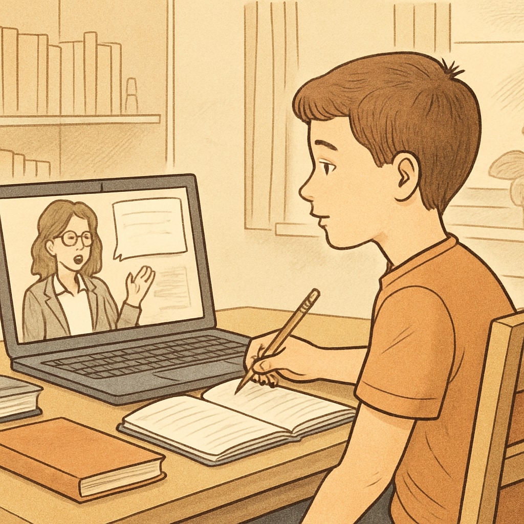 A young student sitting at home, attentively participating in an online classroom session. A student attending an online public school session, representing education flexibility.