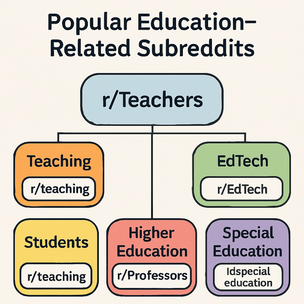 A diagram highlighting popular education-related subreddits and their focus areas, such as r/Teachers and r/EdTech. Diagram showing key subreddits for K12 educators and their focus areas.
