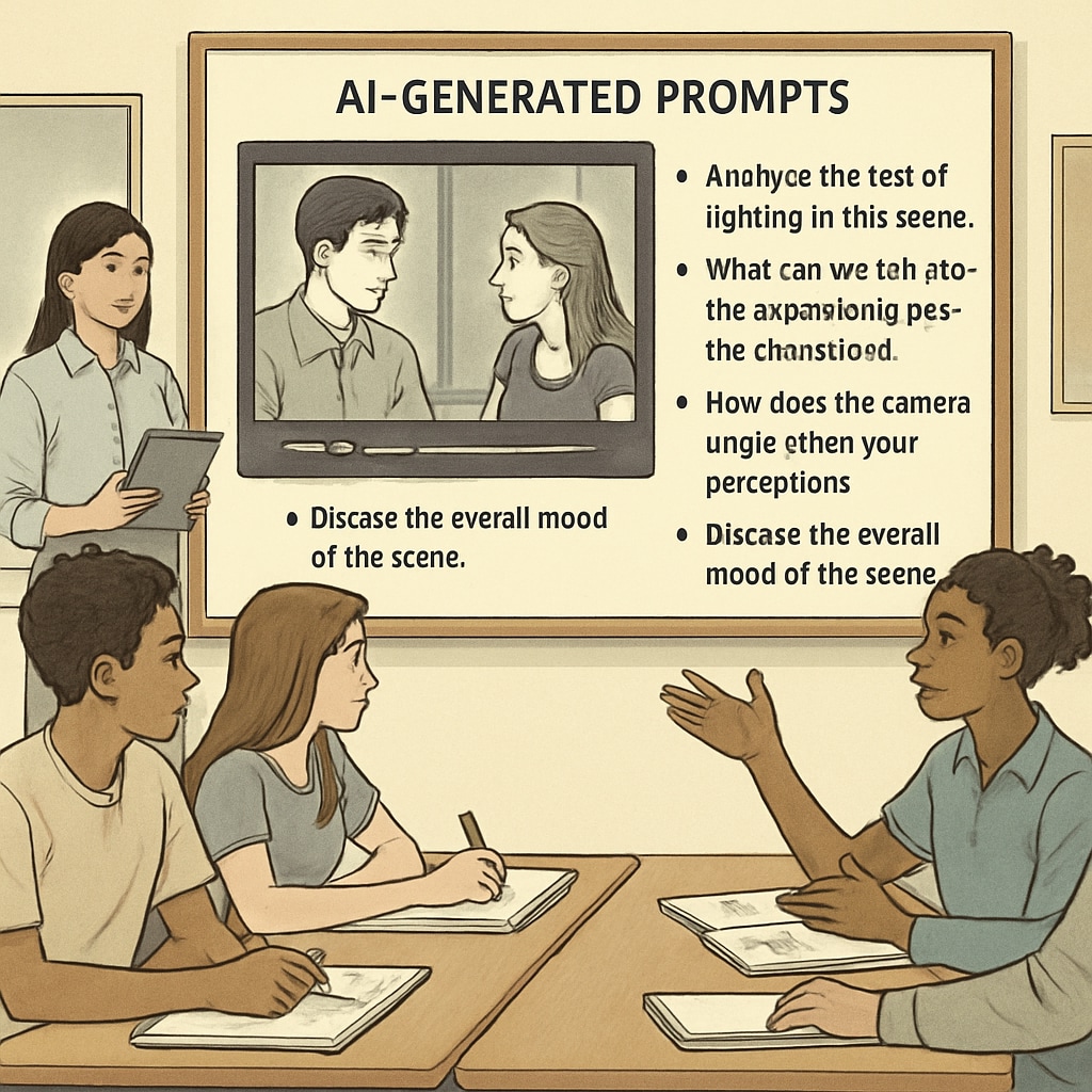 A diverse group of high school students analyzing a film scene using AI-generated prompts on a smartboard. Students using AI writing prompts to develop critical thinking and media literacy.