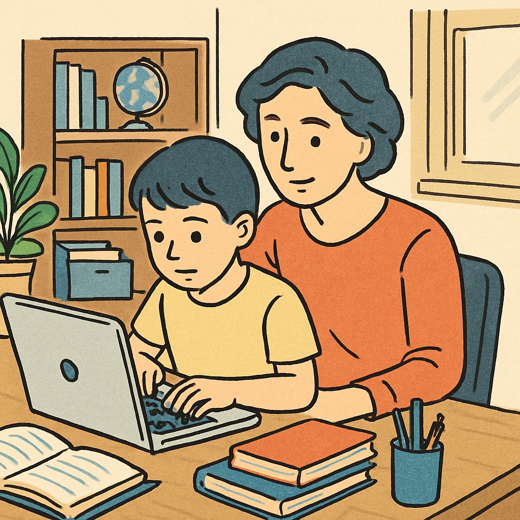 A parent assisting their child with an online school assignment on a laptop. Parent supporting their child’s online public school education at home.