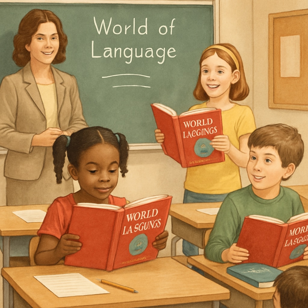 A colorful illustration depicting a classroom scene where children are actively engaging with the Classroom scene with children using the