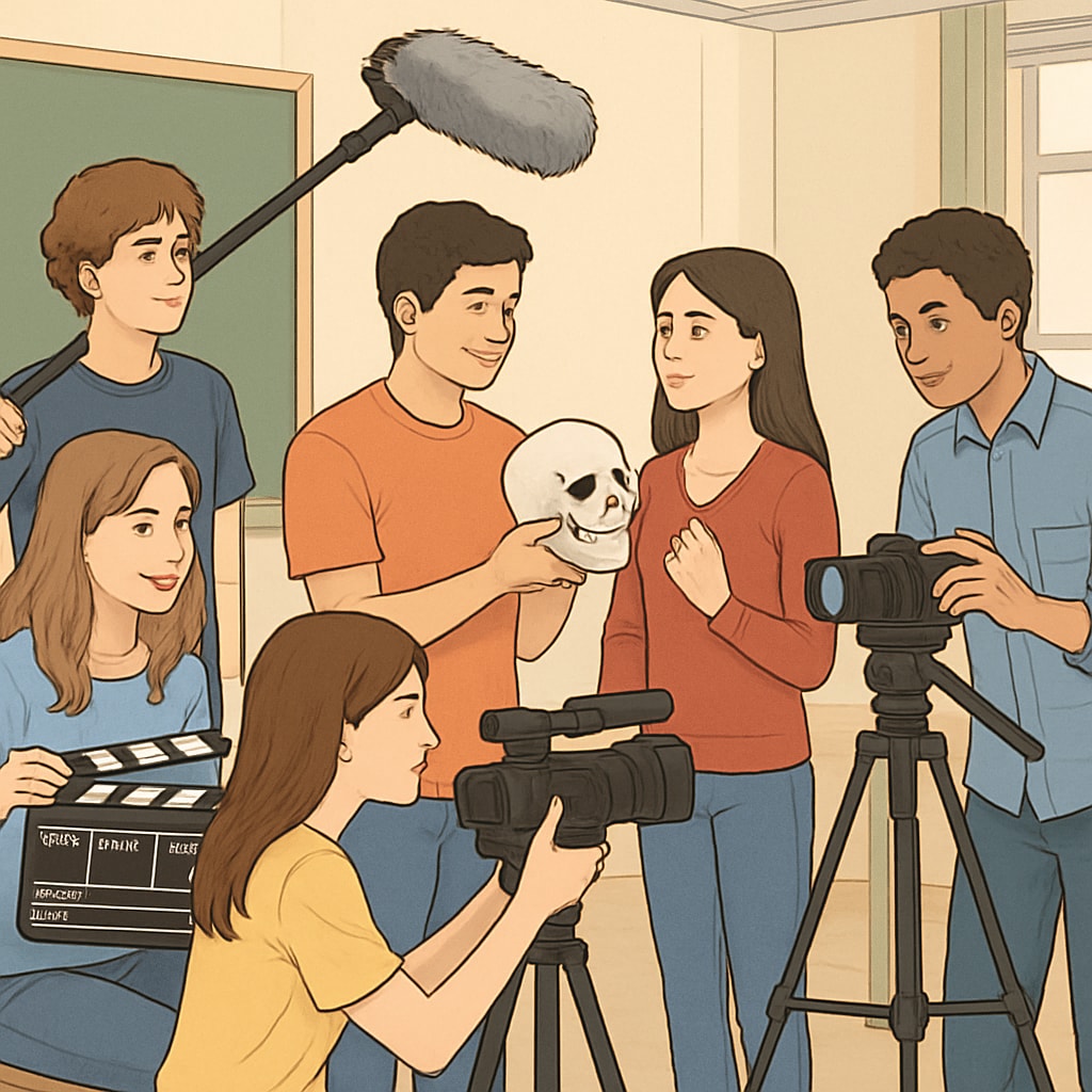High school students filming a short movie based on an AI-generated script, using props and cameras in a classroom setting. Students practicing visual storytelling with AI-generated educational resources.