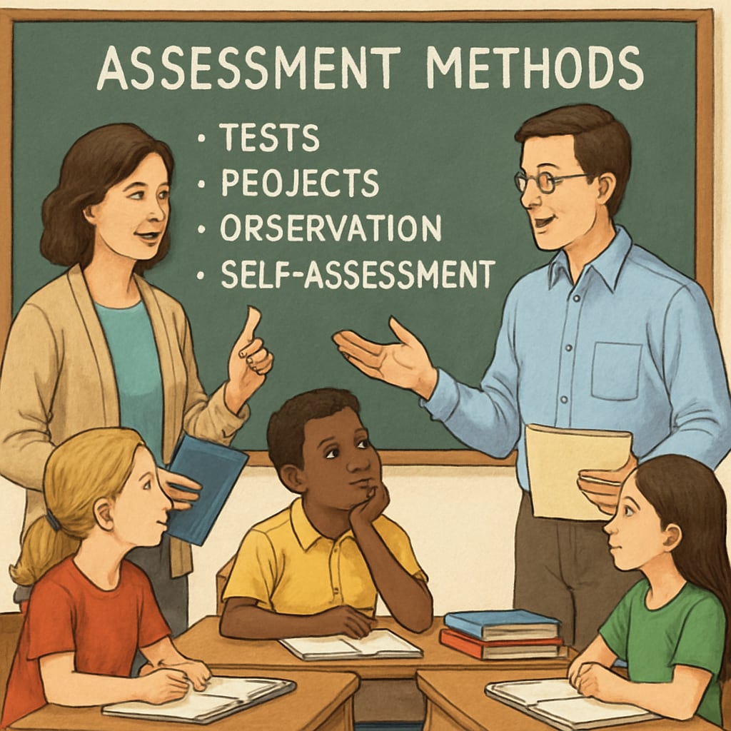 A classroom setting where teachers are discussing diverse assessment methods with students. Teachers and students discussing innovative learning evaluation methods.