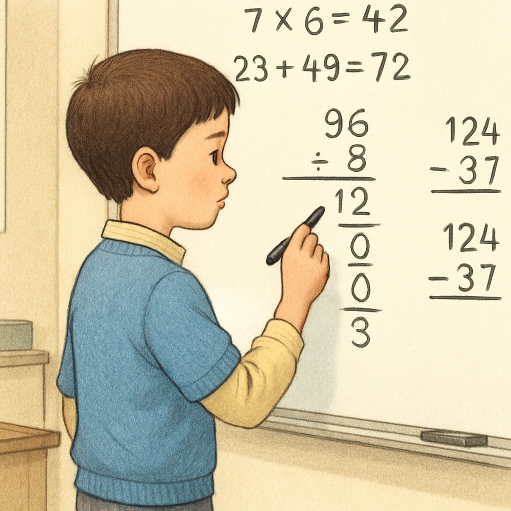 A young student solving math problems on a whiteboard in a classroom setting. Student solving math problems in a classroom related to professional choices.