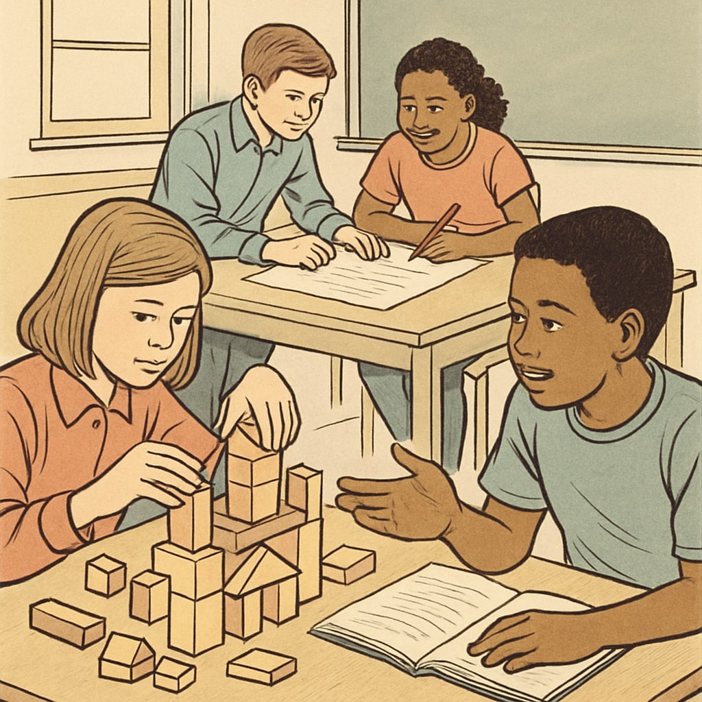 Students engaged in hands-on learning activities, such as building projects or collaborative discussions. Students participating in interactive and collaborative educational projects.