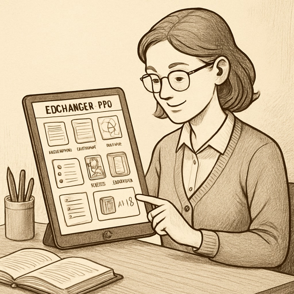 A teacher using EdChanger Pro on a tablet while planning lessons; the screen shows user-friendly templates and educational resources. Teacher using EdChanger Pro for lesson planning in a K12 classroom.