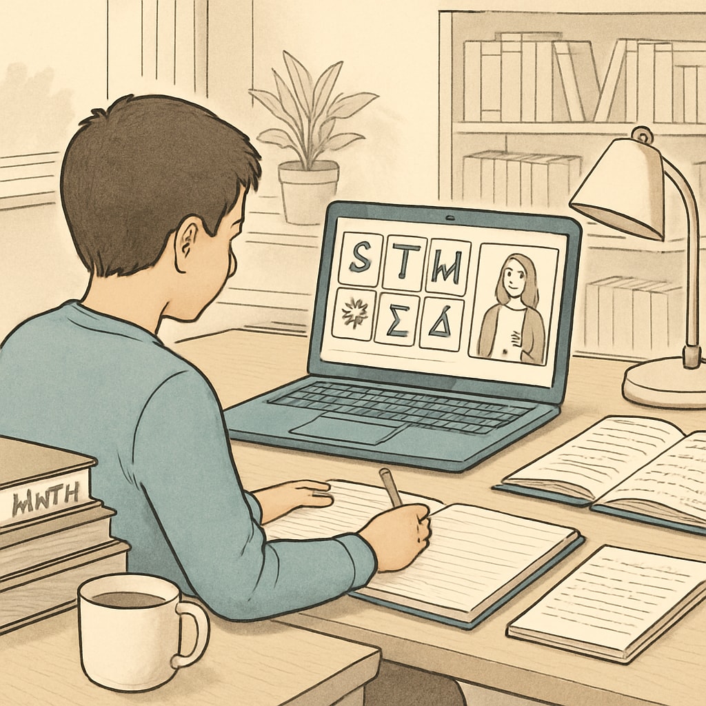 A student using a laptop to access online STEM courses in a home setting. High school student exploring STEM courses online for career planning.