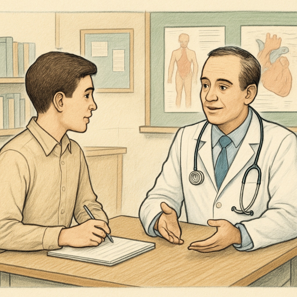 A student conducting an interview with a medical professional in a school setting, focusing on the interaction. Student interviewing a doctor about their medical career during a school project.