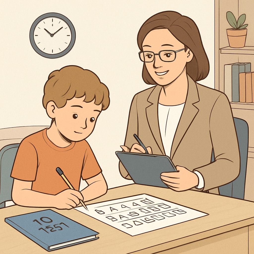 A professional setting showing a child taking an IQ test with a psychologist. Child taking a standardized IQ test with a psychologist for talent assessment.