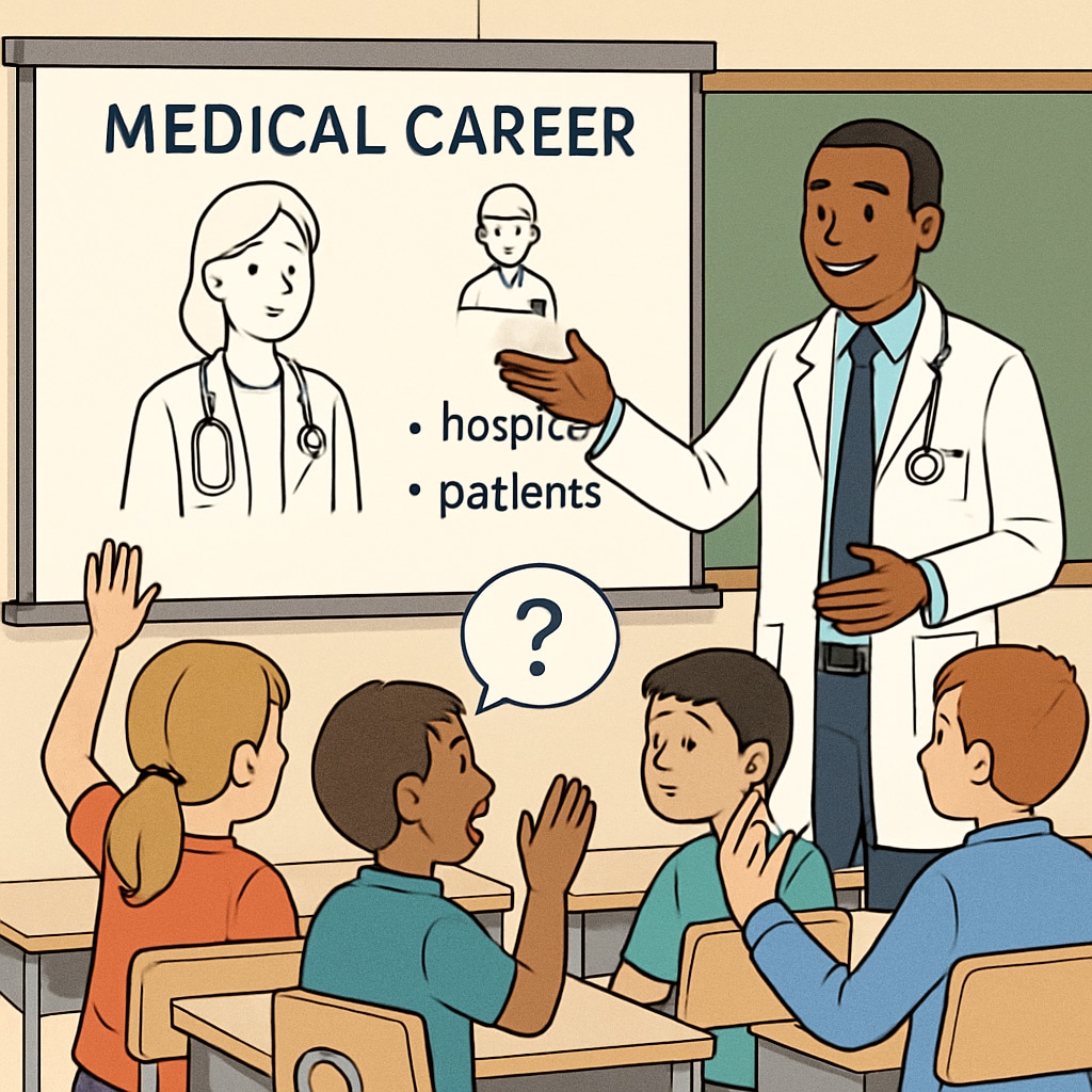 A classroom where a doctor is giving a presentation about their career, with students actively asking questions. A doctor presenting their medical career to a classroom of engaged students.