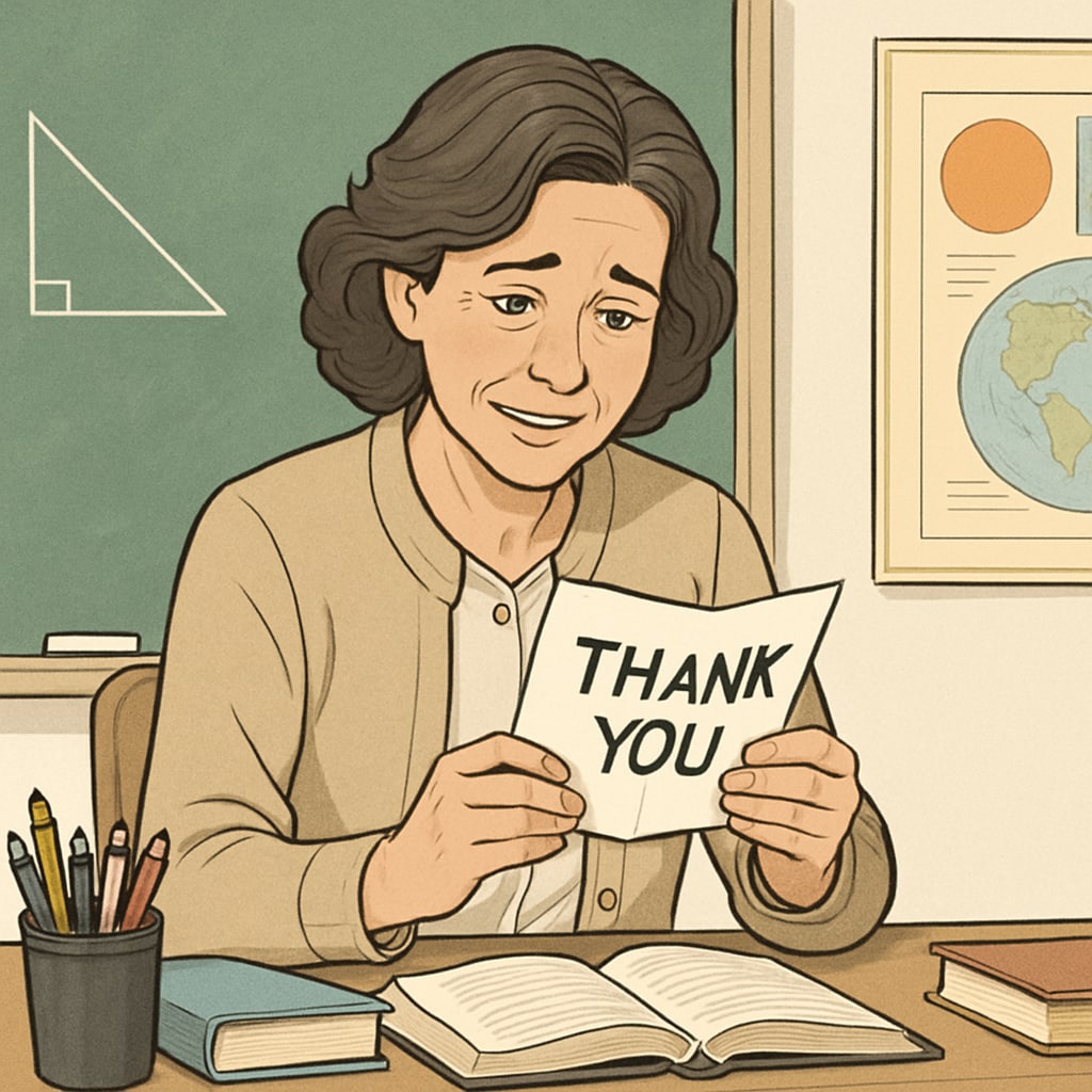 A teacher reading a heartfelt thank-you note from a student, capturing the emotional connection between teacher and student. A teacher reading a thank-you note from a student, highlighting student gratitude and teacher-student bonds.