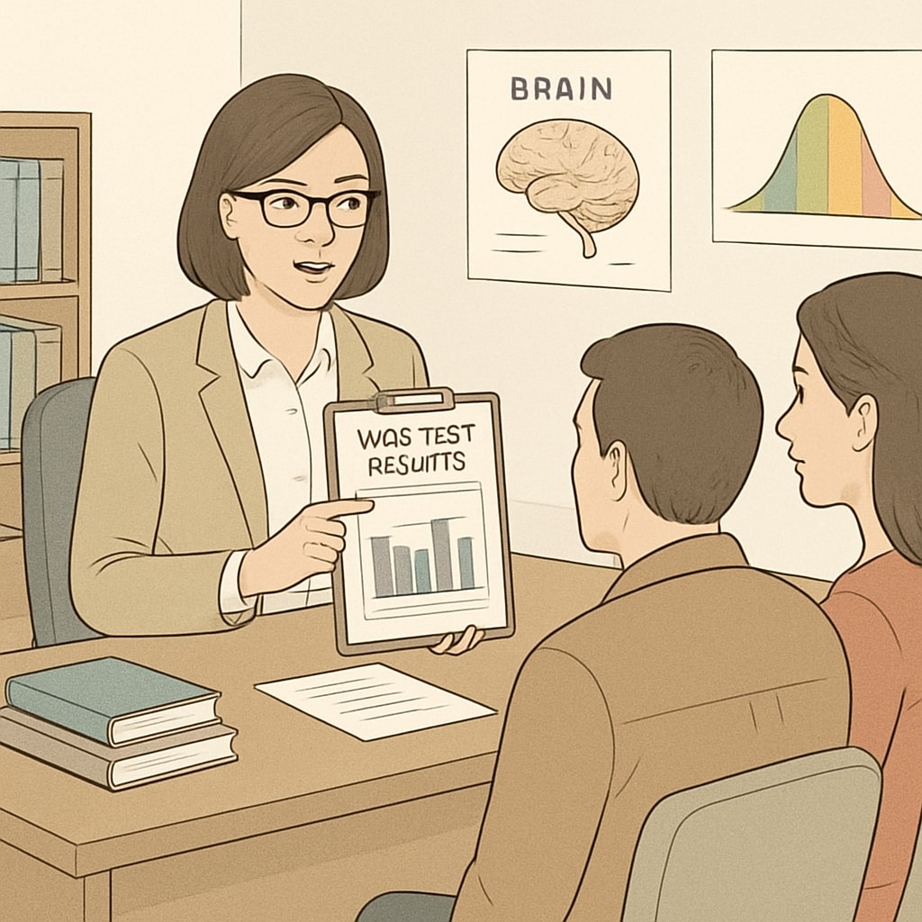 A psychologist explaining WISC test results to parents in a consultation room. Psychologist discussing WISC test results with parents to evaluate a child’s abilities.