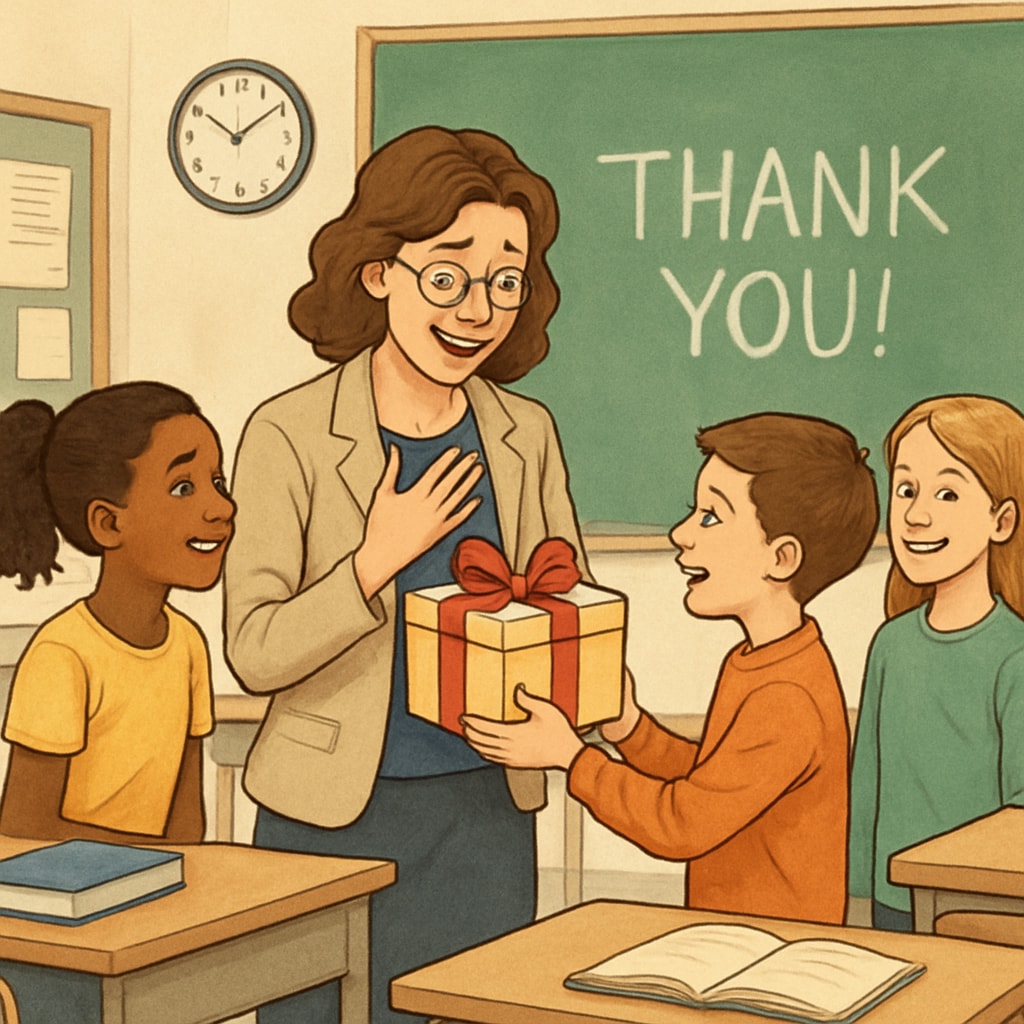 A teacher receiving a surprise thank-you gift from students during a classroom event, emphasizing appreciation and connection. A teacher receiving a thank-you gift from students, symbolizing gratitude and teacher impact.