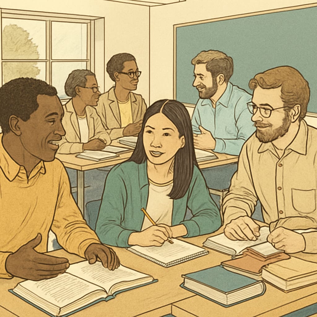 A classroom filled with diverse adult learners engaged in collaborative discussions, symbolizing cross-cultural education in Western settings. Adult education classroom with international students discussing cultural adaptation.