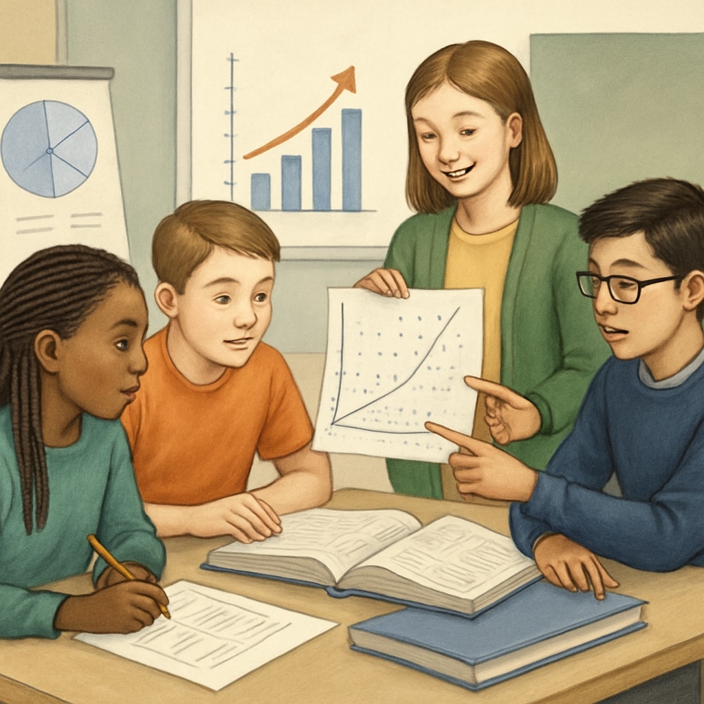 Students collaborating on a group math project involving real-world data analysis. The image highlights teamwork and applied learning in math education. Students working together on a math project to understand real-world applications of mathematics.