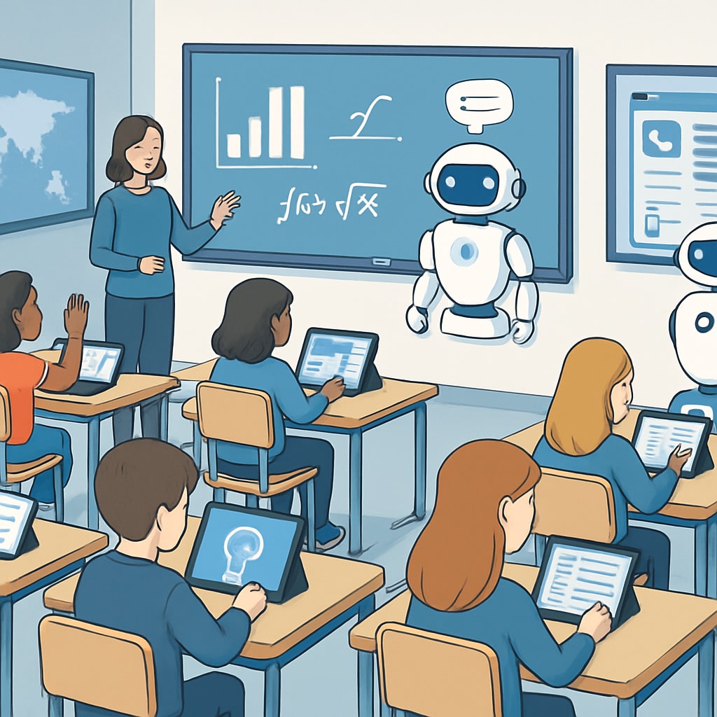 A high-tech classroom with students using AI-powered learning tools. The students appear engaged, and the environment is equipped with modern digital devices. AI-powered learning tools in a high-tech classroom for K12 education.