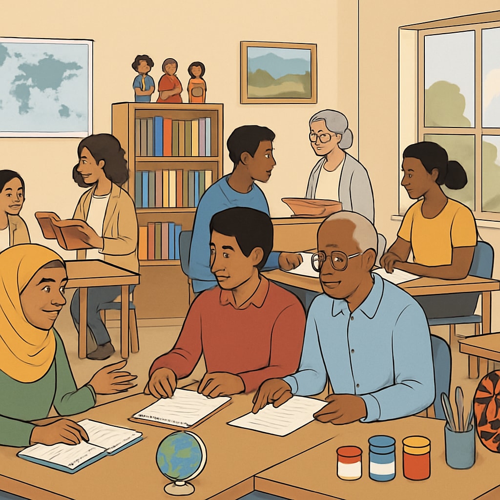 A community center where adults are participating in cultural exchange workshops, fostering integration and learning. Community workshop with adults discussing cultural adaptation and learning methods.
