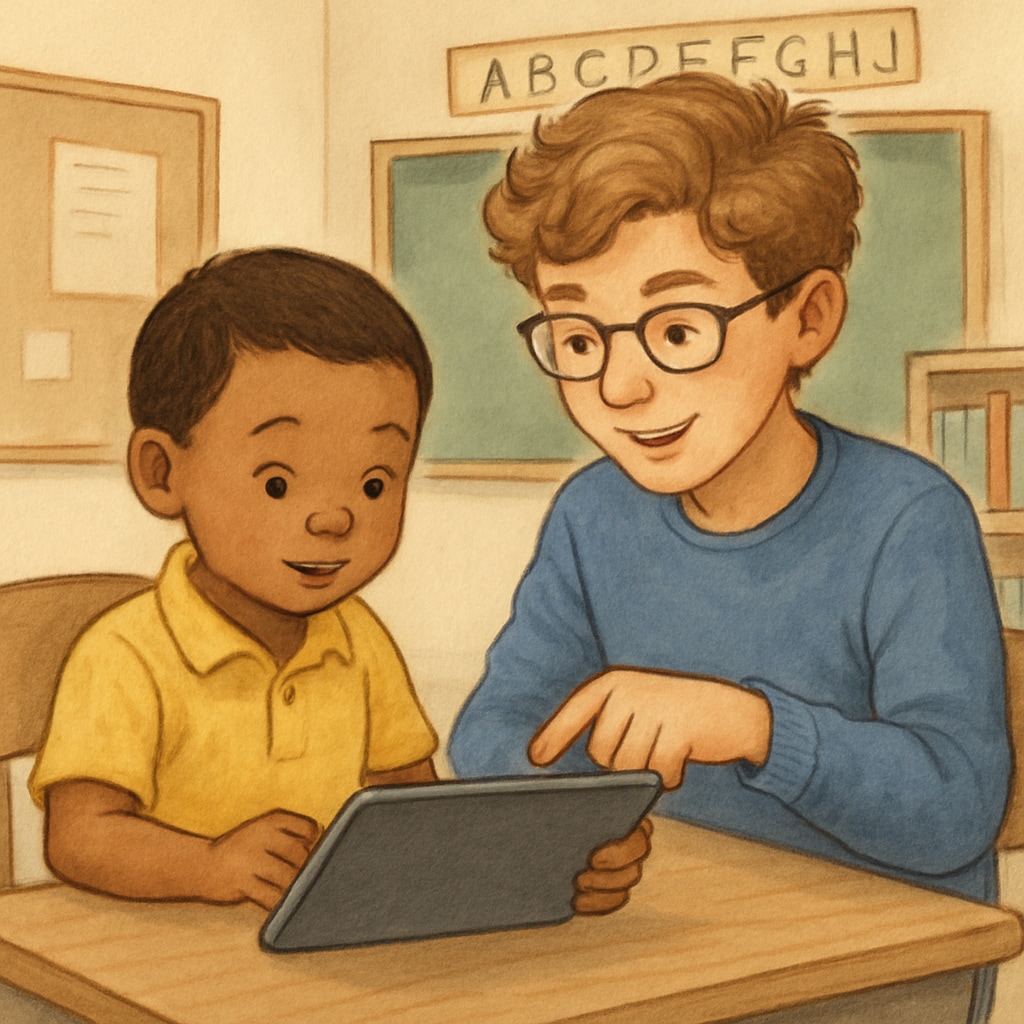 A kindergarten student and a fourth-grade buddy working together on a tablet computer in a classroom setting. Kindergarten and fourth-grade buddy students collaborating on a tablet computer.