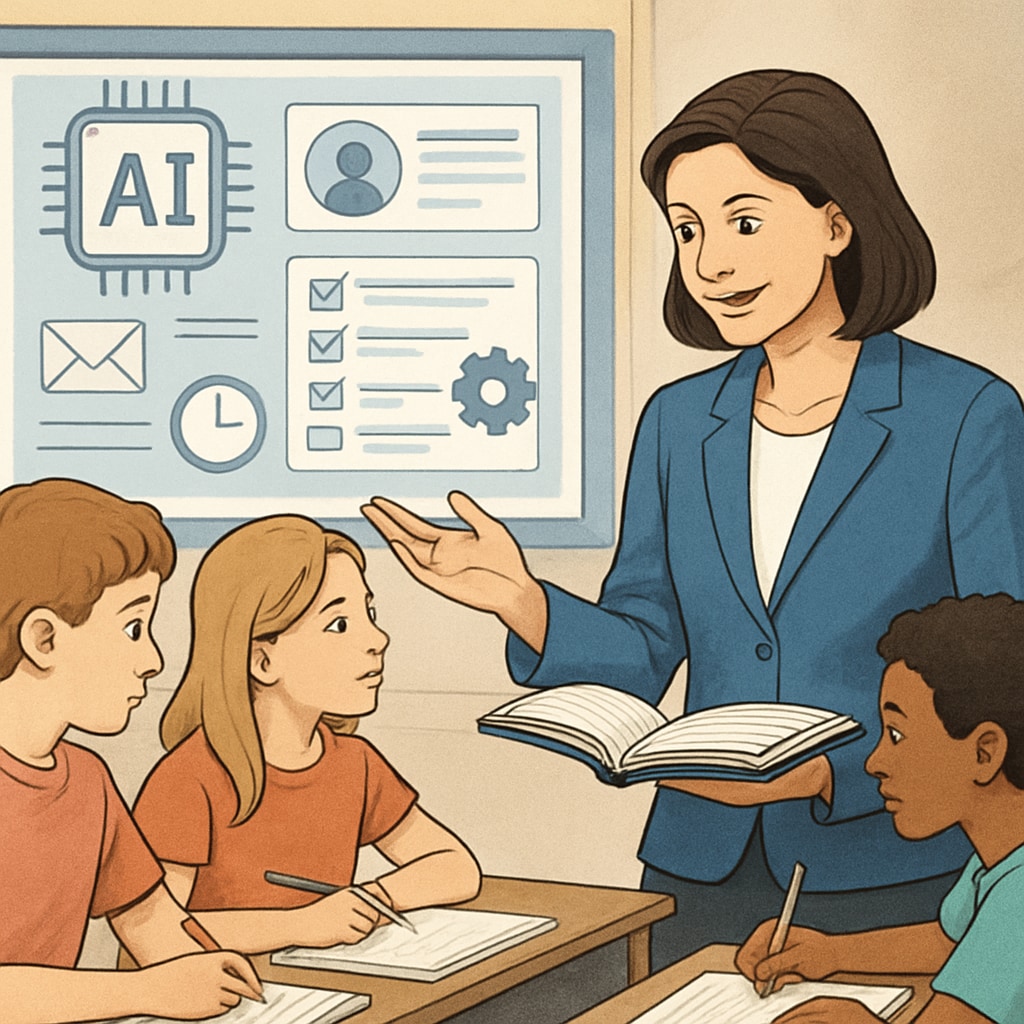A teacher interacting with students while AI tools assist in the background. The teacher focuses on student mentorship, while AI manages administrative tasks. A teacher using AI tools to enhance student interaction in a K12 classroom.