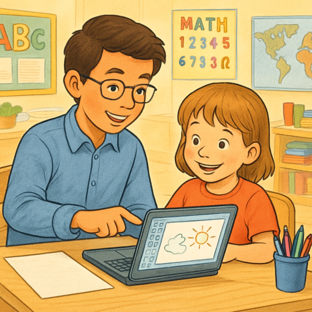 A fourth-grade student teaching a kindergartener how to use a drawing software on a laptop. Fourth grader helping a kindergartener with digital drawing software on a laptop.