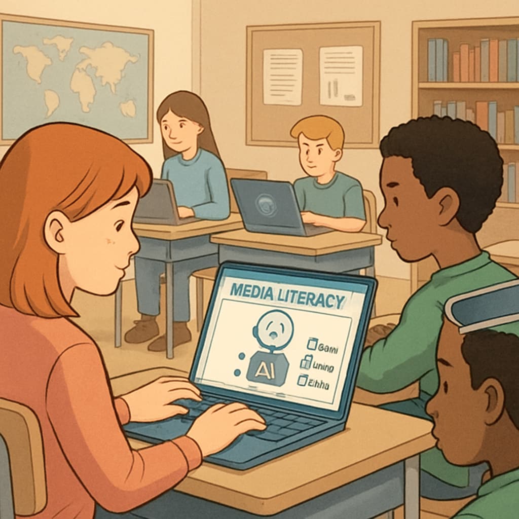 A classroom setting where students use laptops for media literacy exercises guided by AI tools. Students developing media literacy skills with AI-powered teaching tools.
