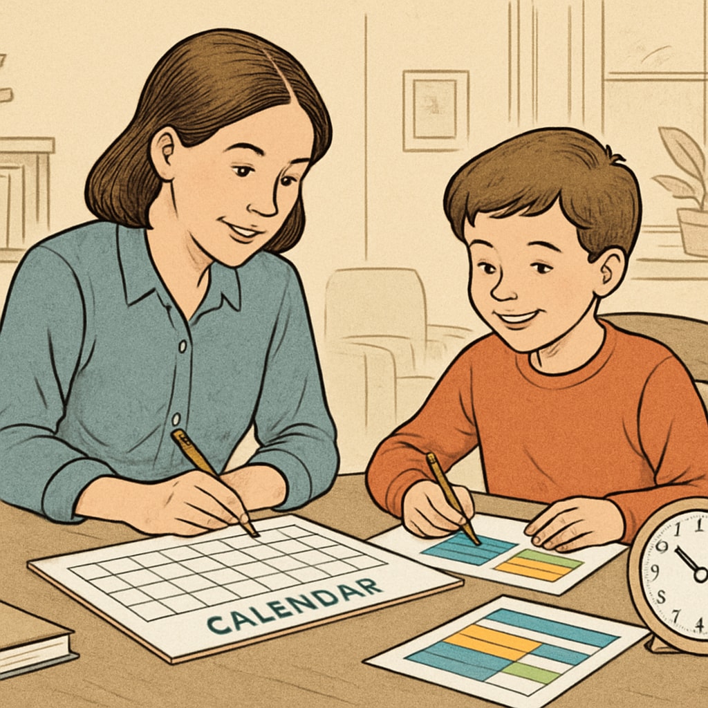 A parent and child working together on a time management activity at home. Parent and child practicing time management techniques for ADHD support.