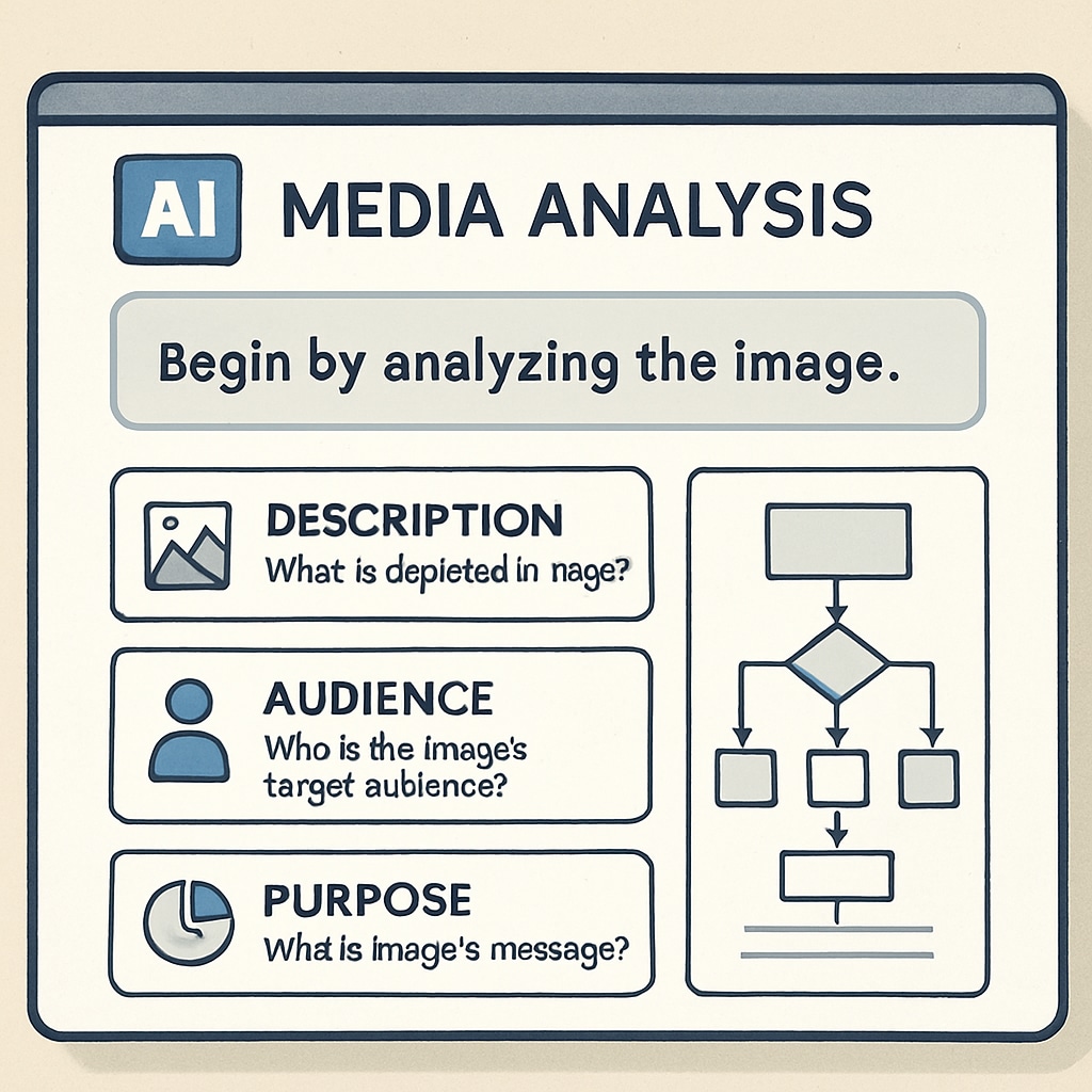 An AI interface, such as ChatGPT, displaying structured writing prompts for media analysis. AI interface showcasing writing prompts for critical media analysis.
