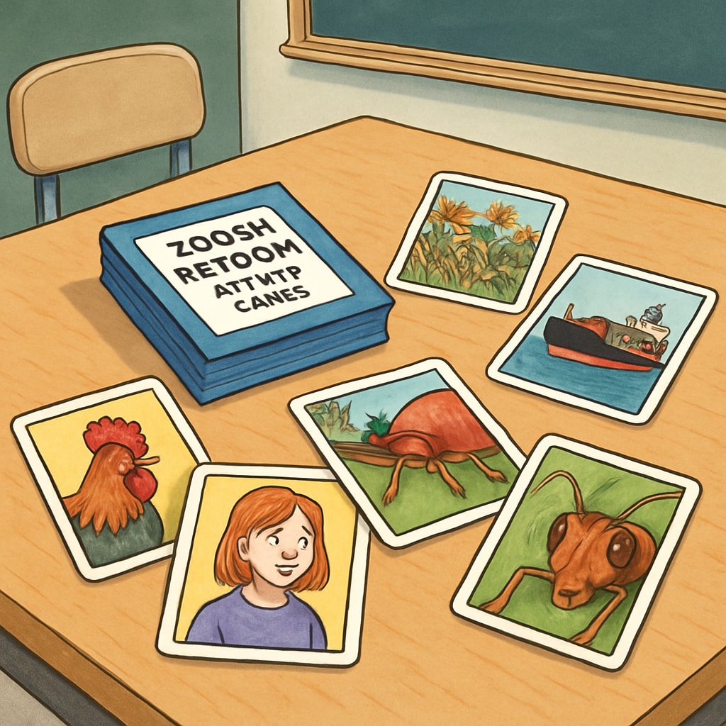 A detailed image of a Zoom/ReZoom activity card set spread out on a classroom table. Zoom/ReZoom activity cards on a classroom table.