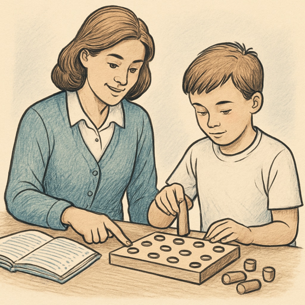 A teacher assisting a student with hands-on learning, highlighting collaborative and interactive teaching methods. A teacher and student practicing hands-on learning, illustrating effective education strategies.