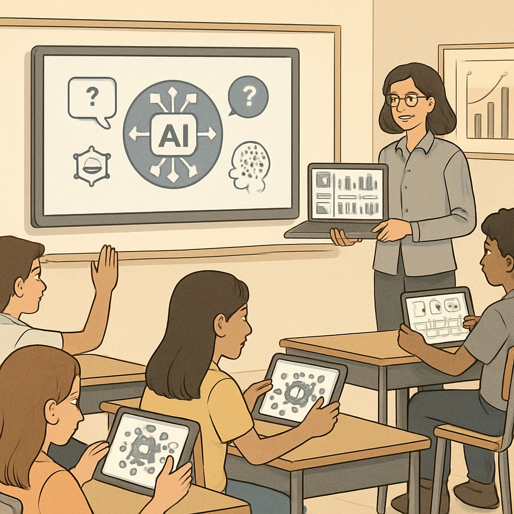 A classroom where students are engaged with AI-driven learning tools and teachers monitor their progress using a smart dashboard. Students using AI learning tools in a classroom setting, showcasing AI-driven education trends.