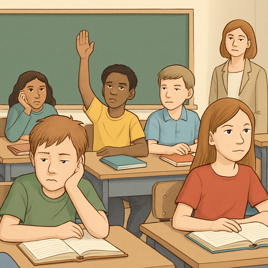 A classroom filled with students, some appearing disengaged while others look attentive. Students in a classroom, some bored, highlighting the issue of student boredom in education.