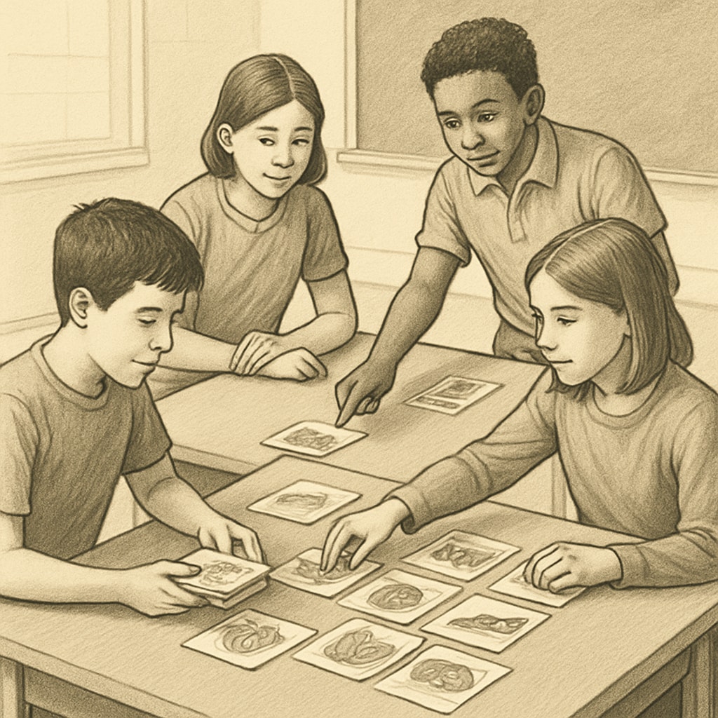 An image of students collaborating in small groups to organize Zoom/ReZoom cards on a table. Students organizing Zoom/ReZoom cards in groups.