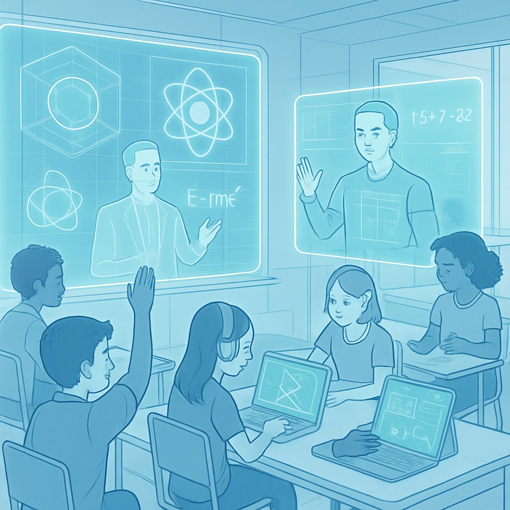 A futuristic AI-enabled classroom with holographic projections, where students interact with virtual teachers and peers. Futuristic classroom with AI holograms, illustrating the future of K12 education by 2030.