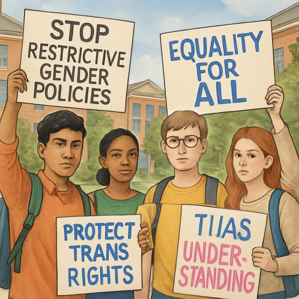 A diverse group of students protesting against restrictive gender policies on a university campus. University students holding signs to protest gender policy changes affecting transgender rights.