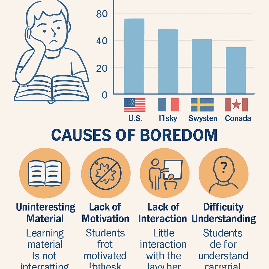 An infographic showing the primary causes of student boredom across different countries. Infographic detailing the causes of student boredom in K12 education globally.