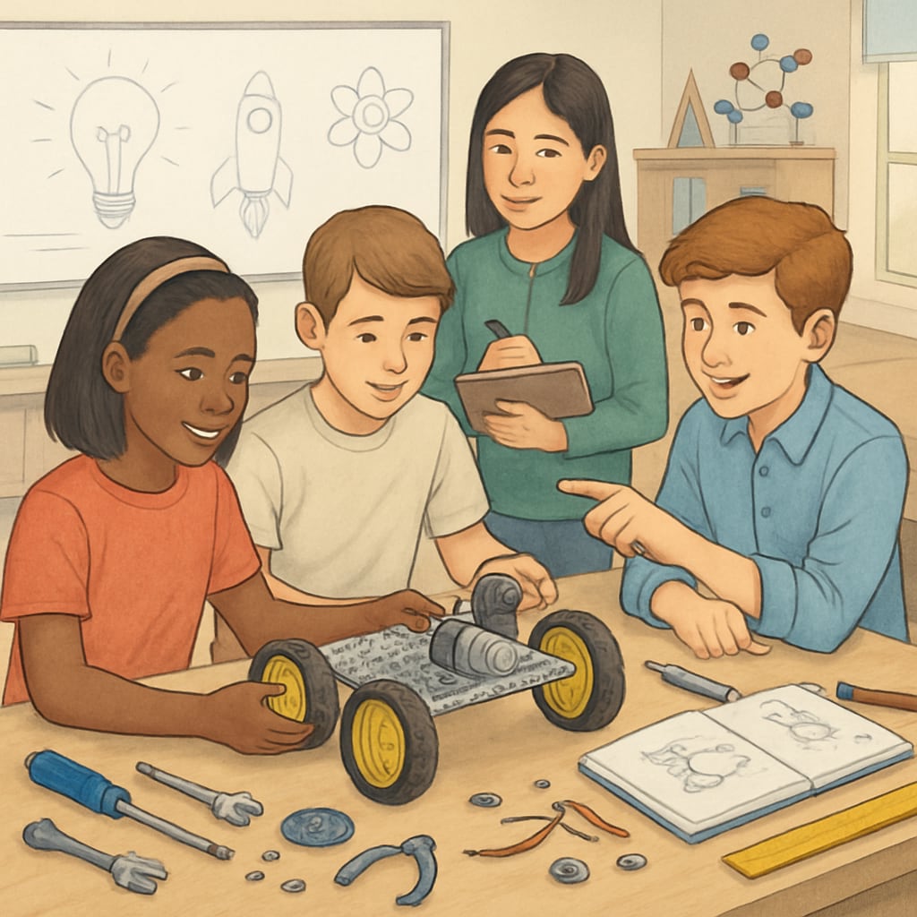 A group of K12 students working collaboratively on a STEM project, showcasing teamwork and problem-solving skills. K12 students developing design engineering and teamwork skills.