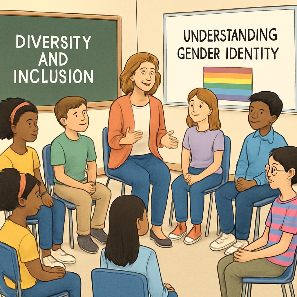 A classroom setting where students engage in a discussion about diversity and inclusion, with a focus on gender identity. Students participating in a classroom discussion on gender identity and inclusion policies.