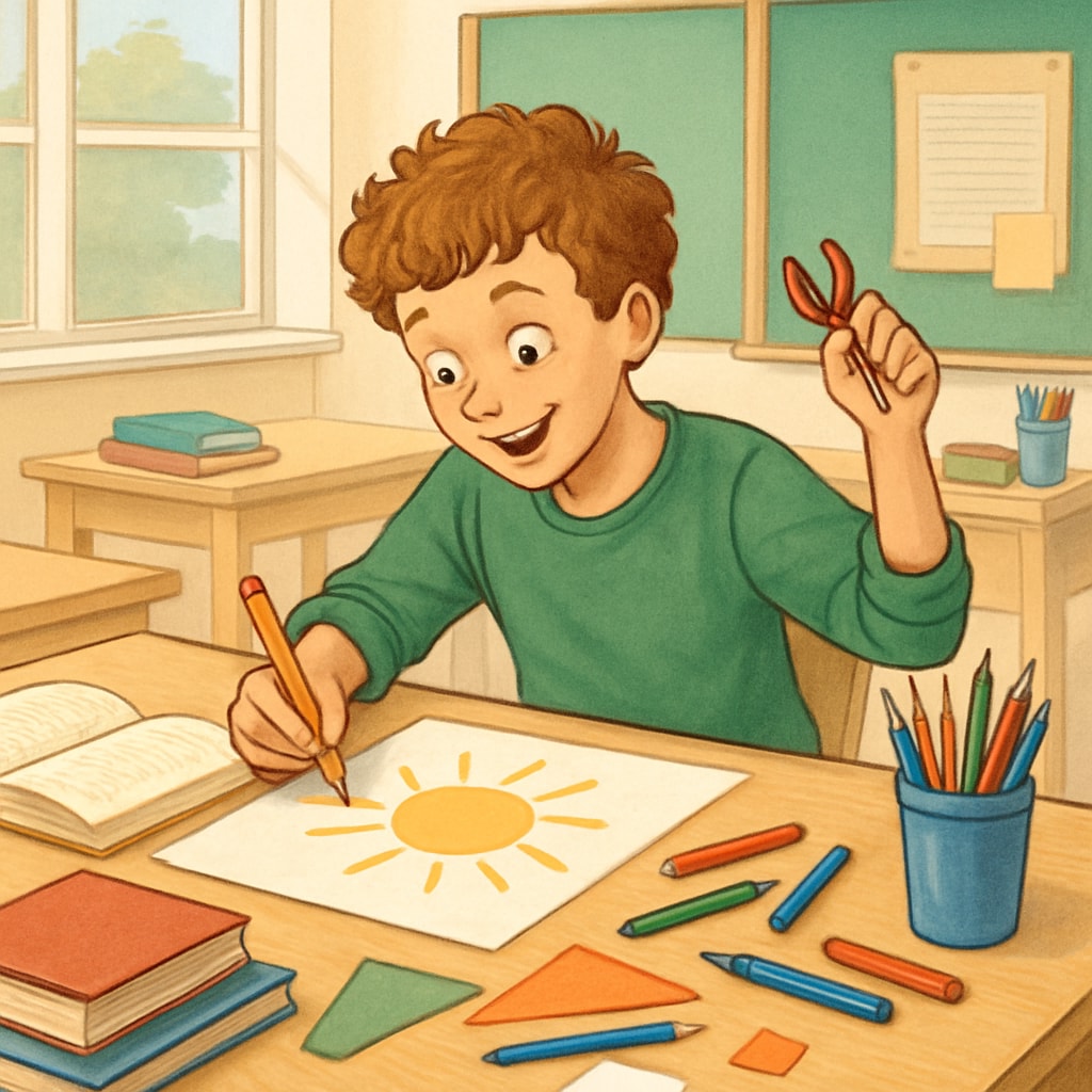 A student with ADHD working creatively on a project in a classroom setting. ADHD student demonstrating creativity in a classroom project.