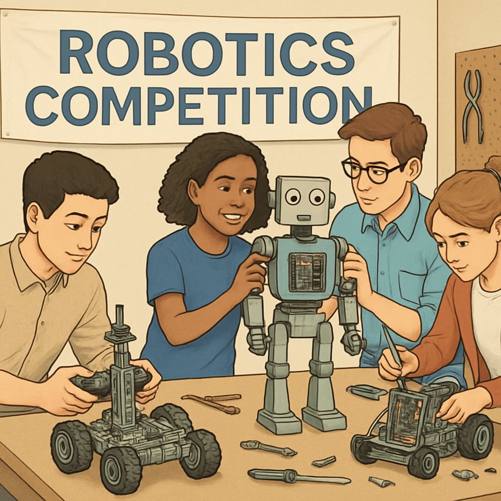 A robotics competition in progress, with students demonstrating their engineering prototypes. Students showcasing robotics skills in a STEM competition.