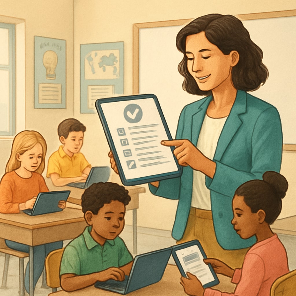 A teacher evaluating K12 students using digital assessment tools in a classroom setting Teacher using digital test tools for K12 student evaluation