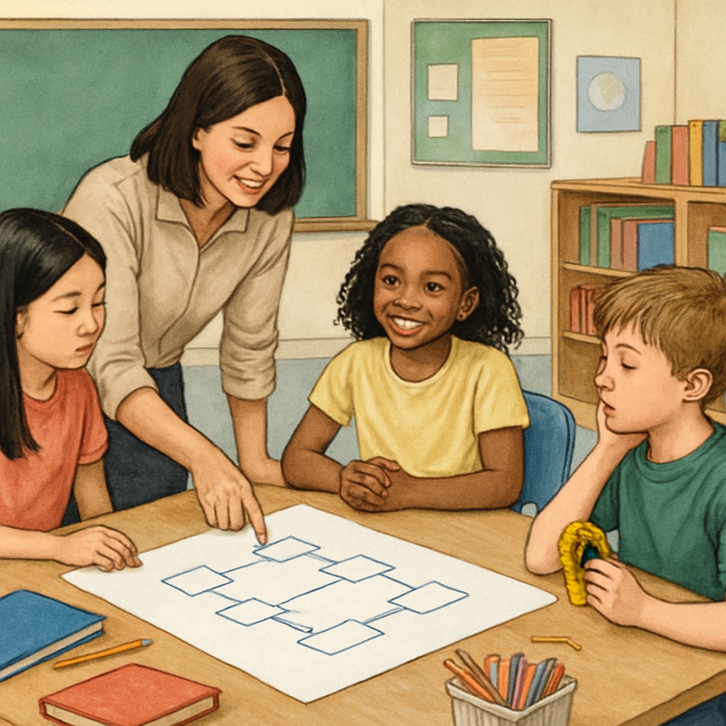 A teacher engaging with a diverse group of students, including one with ADHD, in a project-based activity. A teacher facilitating an inclusive learning environment for ADHD and other students.