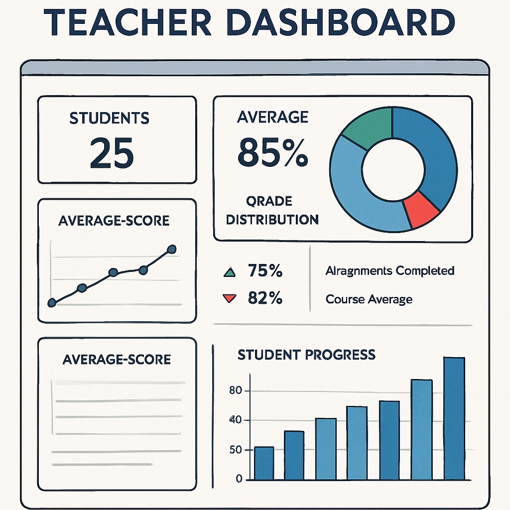 A digital dashboard displaying student performance metrics for teachers Digital dashboard showing student test performance metrics