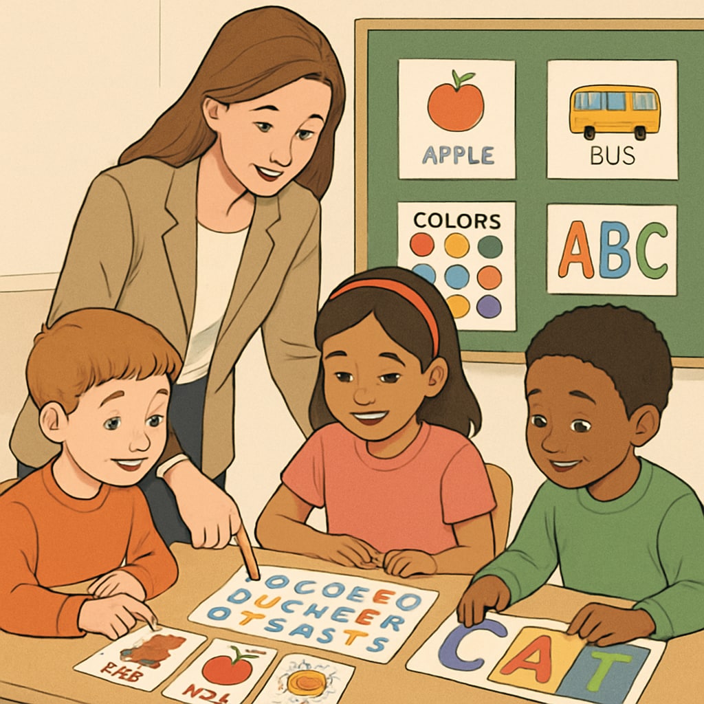 A teacher and several young students engaging with colorful language-learning materials in a classroom setting. A classroom with children learning language skills using visually engaging materials, including a