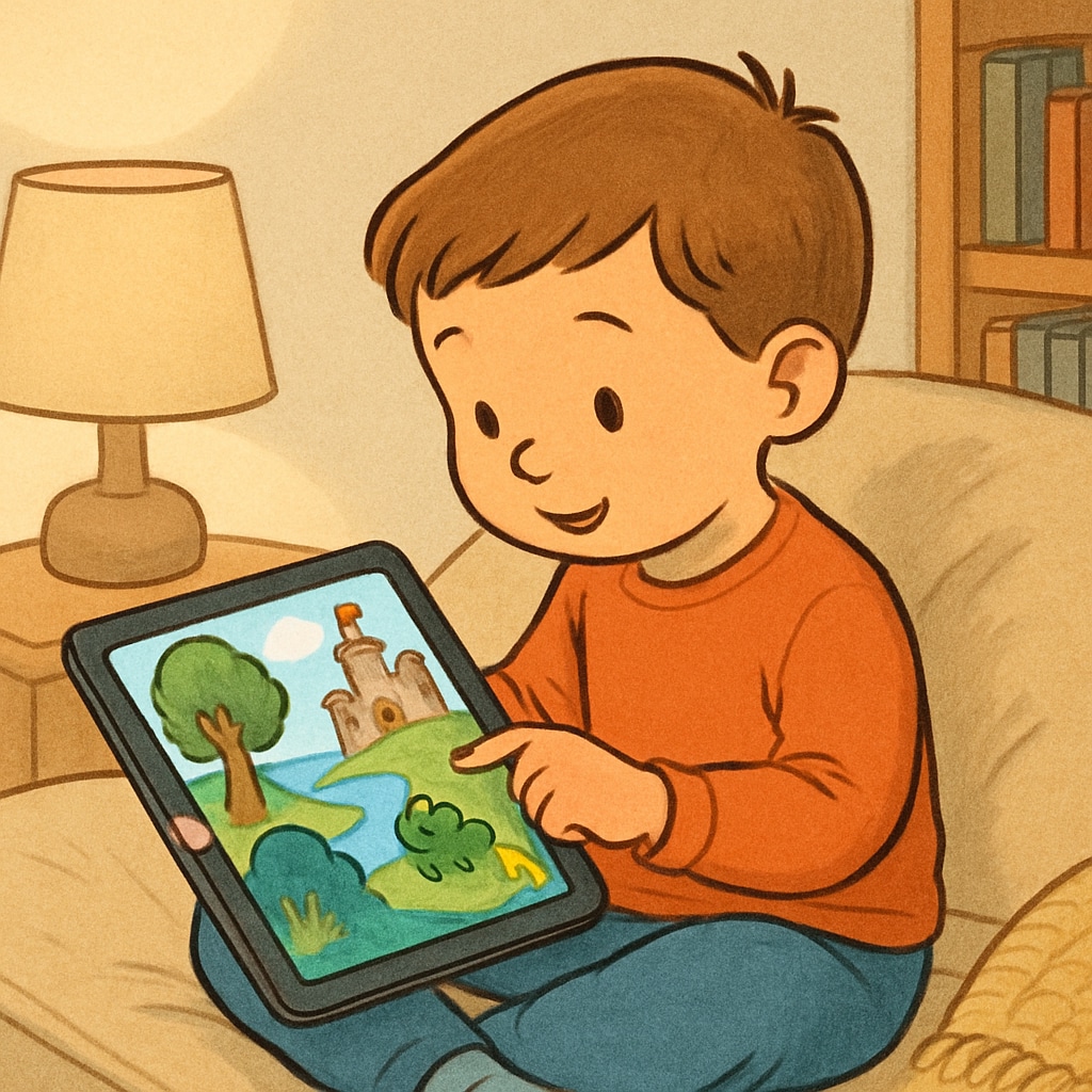 A young child reading an interactive storybook on a tablet, sitting in a cozy environment, highlighting the app's engaging visual features. Child using a children's storybook app to read a digital story on a tablet.