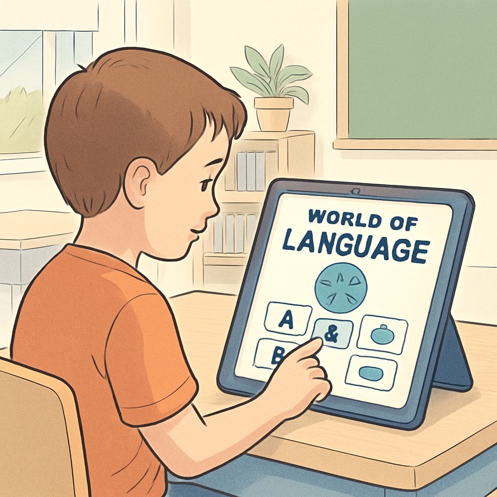 A child using a tablet for interactive language learning, with the A child learning language interactively using a tablet, demonstrating the integration of technology in modern education.
