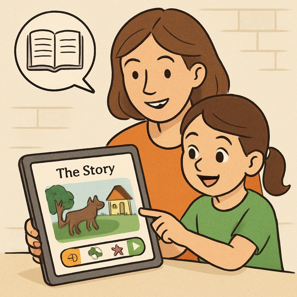 A parent and child exploring a digital storybook application, showcasing its interactive features and usability. Parent and child testing a children's storybook app with interactive elements.
