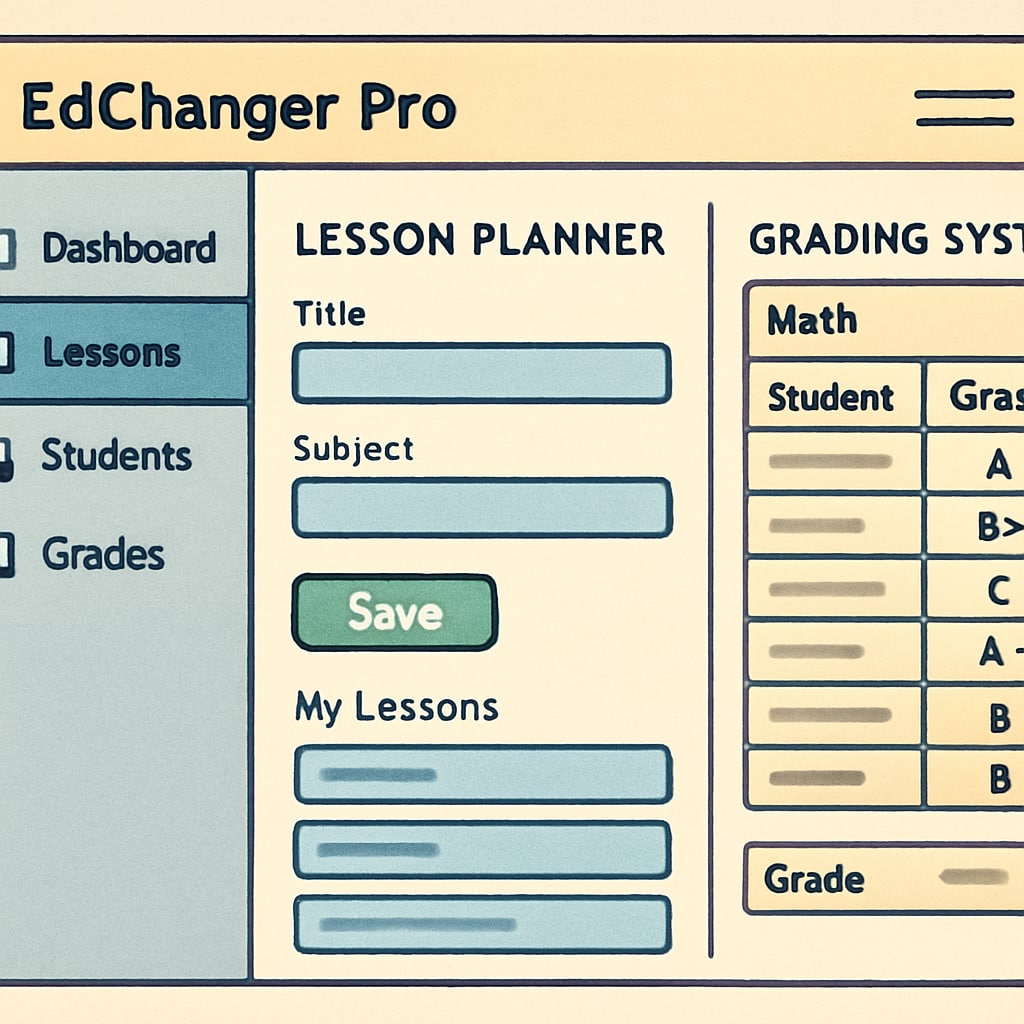A sleek interface of EdChanger Pro showcasing integrated tools such as lesson planning and grading systems to assist teachers. EdChanger Pro interface with teacher tools for lesson planning and grading.