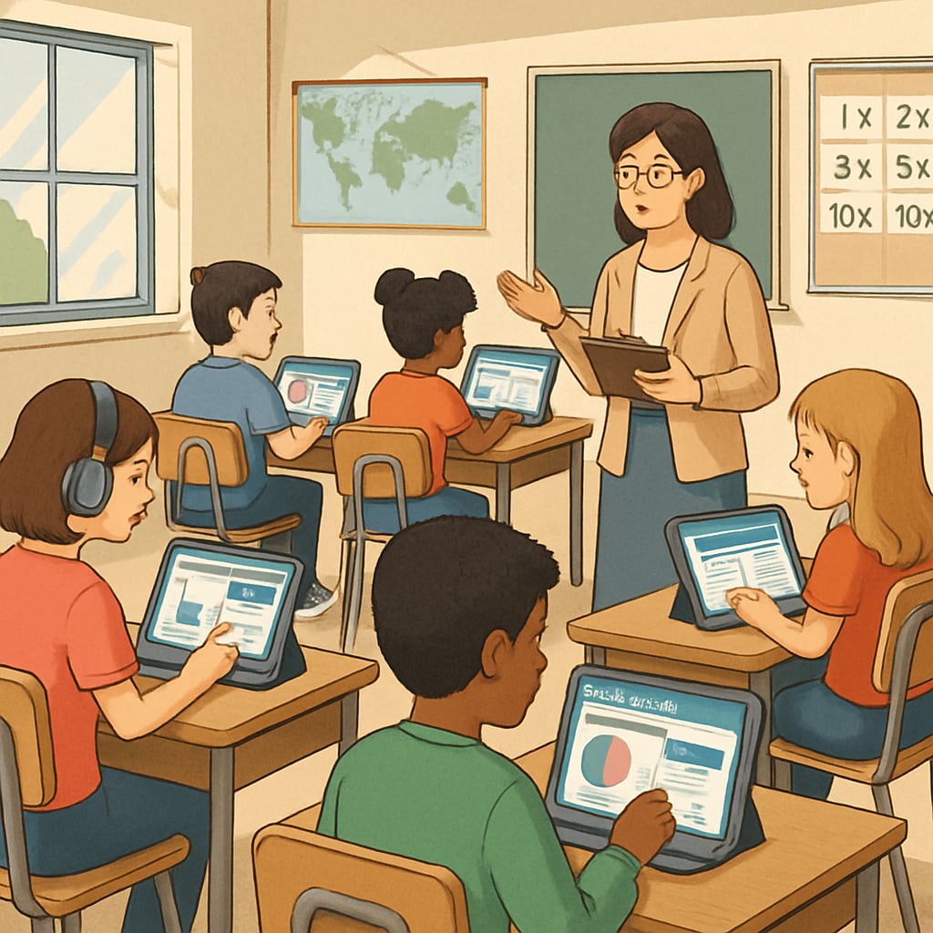 A classroom setting where students use EdChanger Pro for personalized learning activities, emphasizing tailored education. Students engaged in personalized learning activities through EdChanger Pro.